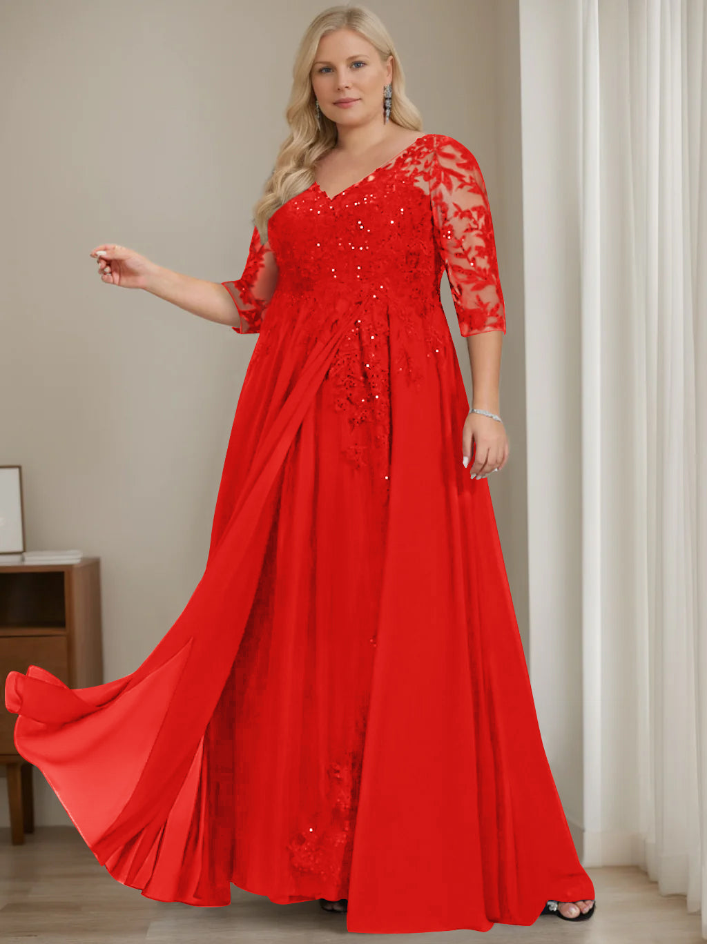 Robe de Mère de la Mariée Grande Taille, Coupe A-Line/Princess, Col en V, Manches Mi-Longues, Longueur Au Sol, avec Paillettes