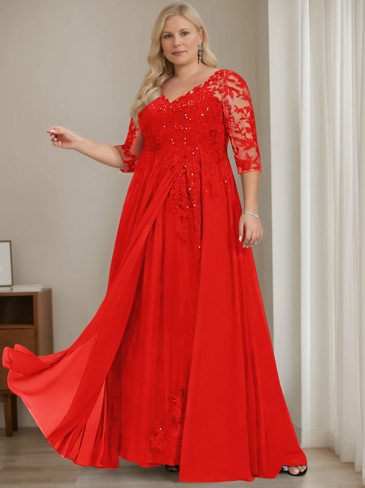 Robe de Mère de la Mariée Grande Taille, Coupe A-Line/Princess, Col en V, Manches Mi-Longues, Longueur Au Sol, avec Paillettes