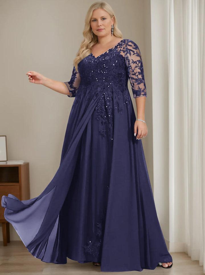 Robe de Mère de la Mariée Grande Taille, Coupe A-Line/Princess, Col en V, Manches Mi-Longues, Longueur Au Sol, avec Paillettes