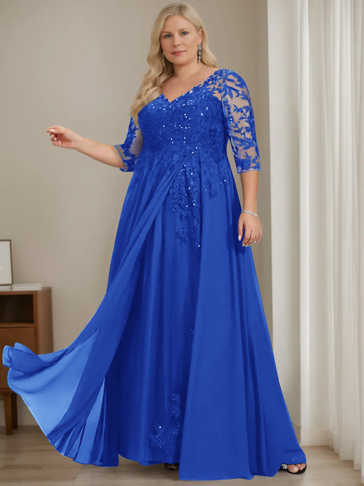 Robe de Mère de la Mariée Grande Taille, Coupe A-Line/Princess, Col en V, Manches Mi-Longues, Longueur Au Sol, avec Paillettes