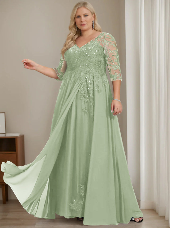 Robe de Mère de la Mariée Grande Taille, Coupe A-Line/Princess, Col en V, Manches Mi-Longues, Longueur Au Sol, avec Paillettes