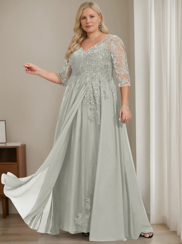 Robe de Mère de la Mariée Grande Taille, Coupe A-Line/Princess, Col en V, Manches Mi-Longues, Longueur Au Sol, avec Paillettes