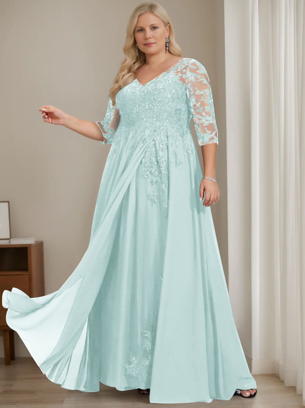 Robe de Mère de la Mariée Grande Taille, Coupe A-Line/Princess, Col en V, Manches Mi-Longues, Longueur Au Sol, avec Paillettes