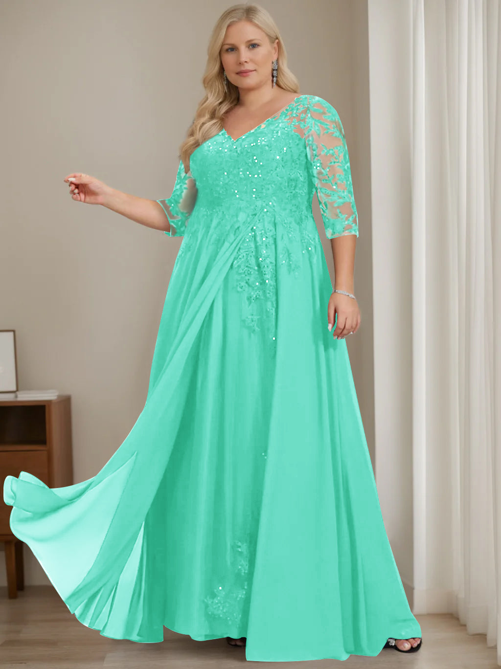 Robe de Mère de la Mariée Grande Taille, Coupe A-Line/Princess, Col en V, Manches Mi-Longues, Longueur Au Sol, avec Paillettes