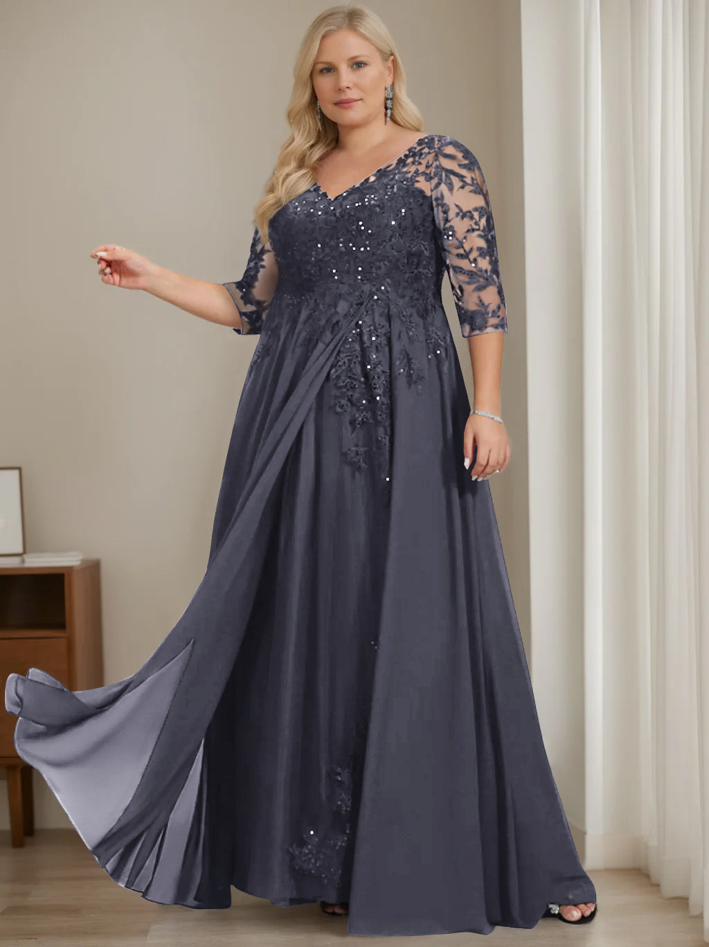 Robe de Mère de la Mariée Grande Taille, Coupe A-Line/Princess, Col en V, Manches Mi-Longues, Longueur Au Sol, avec Paillettes