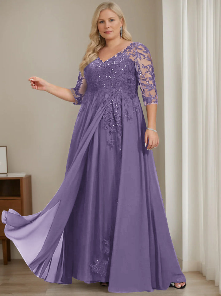 Robe de Mère de la Mariée Grande Taille, Coupe A-Line/Princess, Col en V, Manches Mi-Longues, Longueur Au Sol, avec Paillettes