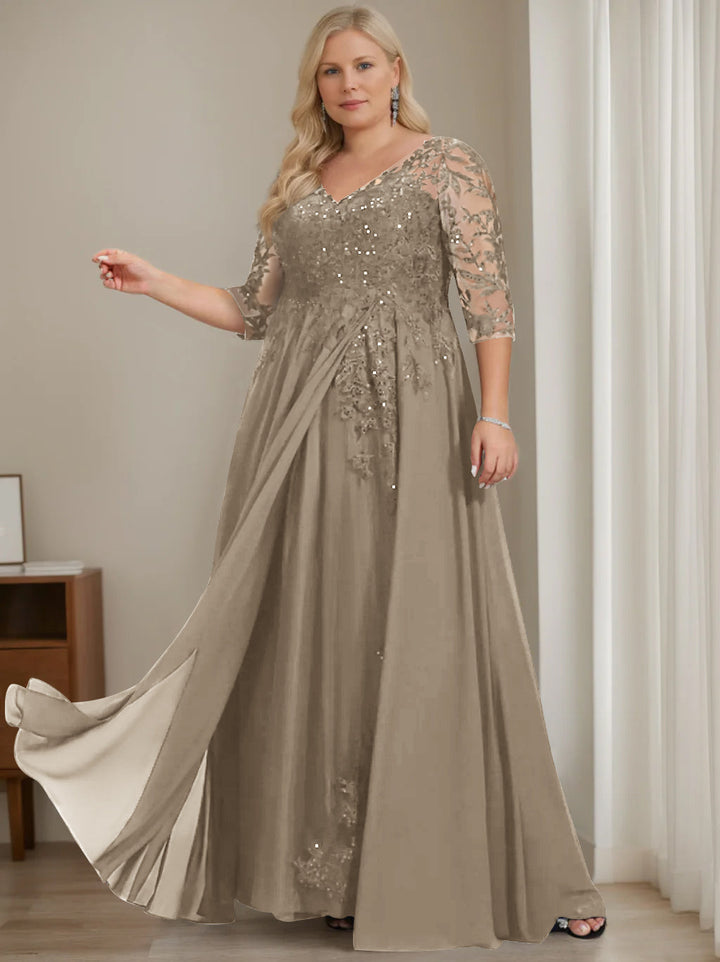 Robe de Mère de la Mariée Grande Taille, Coupe A-Line/Princess, Col en V, Manches Mi-Longues, Longueur Au Sol, avec Paillettes