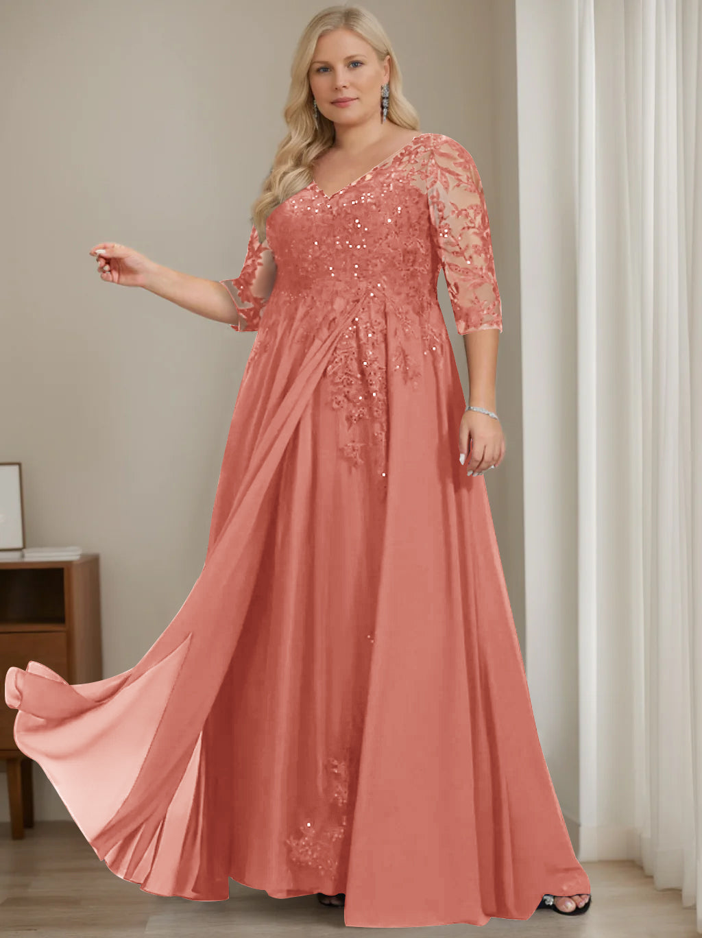 Robe de Mère de la Mariée Grande Taille, Coupe A-Line/Princess, Col en V, Manches Mi-Longues, Longueur Au Sol, avec Paillettes