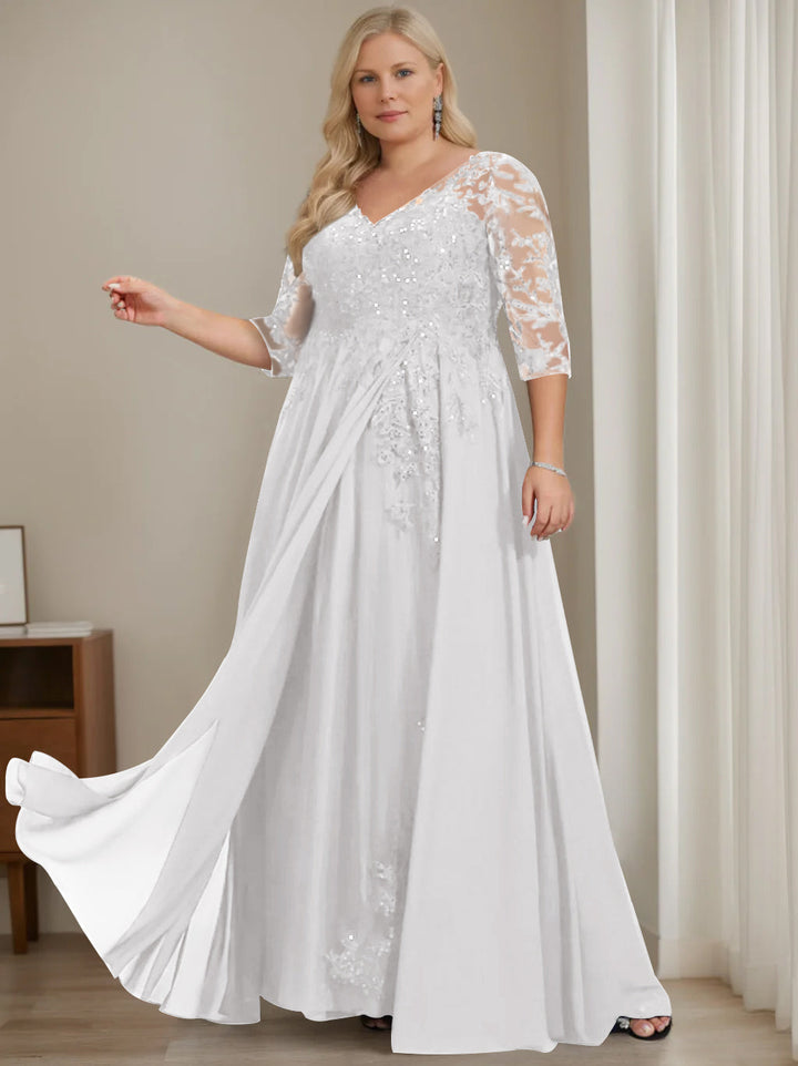 Robe de Mère de la Mariée Grande Taille, Coupe A-Line/Princess, Col en V, Manches Mi-Longues, Longueur Au Sol, avec Paillettes