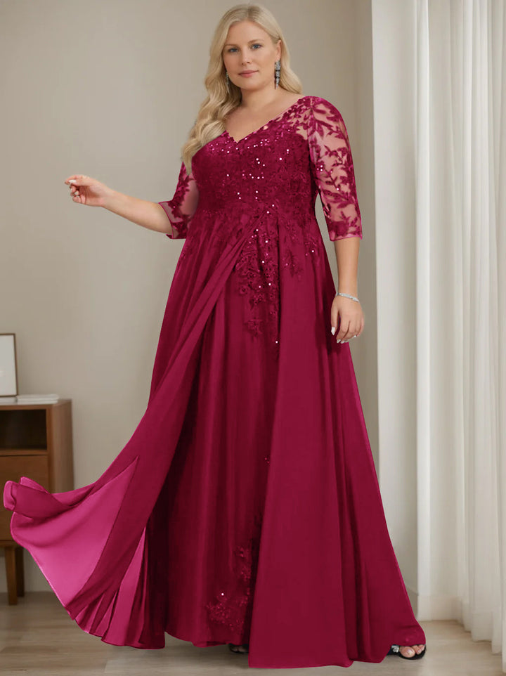 Robe de Mère de la Mariée Grande Taille, Coupe A-Line/Princess, Col en V, Manches Mi-Longues, Longueur Au Sol, avec Paillettes