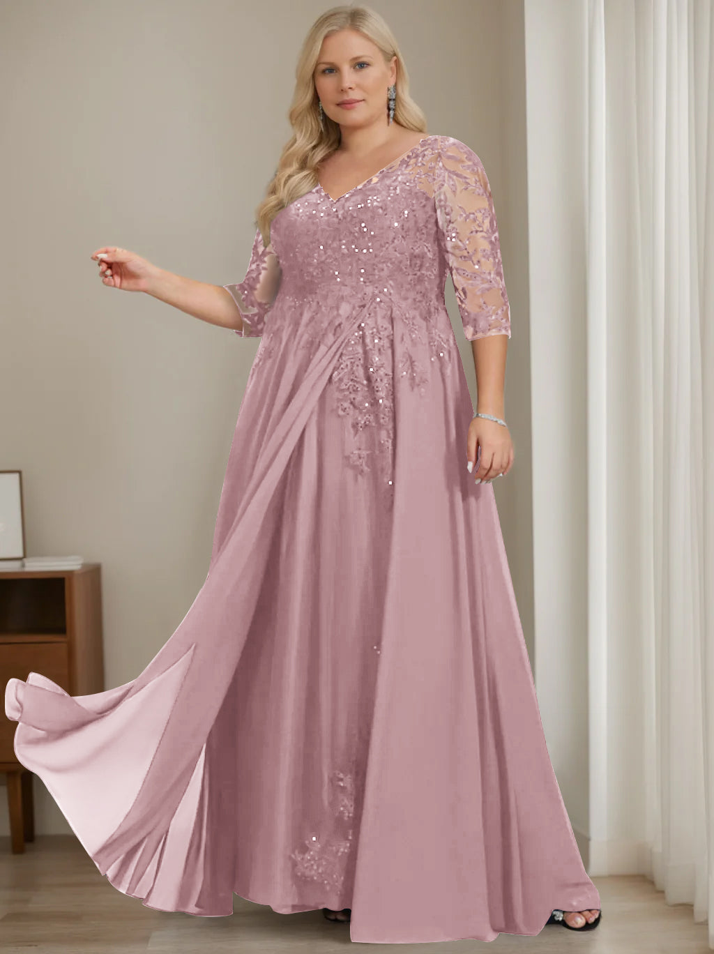 Robe de Mère de la Mariée Grande Taille, Coupe A-Line/Princess, Col en V, Manches Mi-Longues, Longueur Au Sol, avec Paillettes