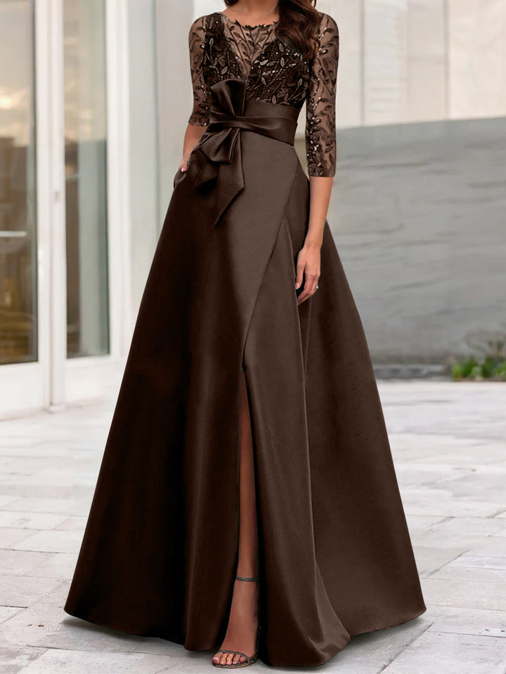 Robe de Mère de la Mariée Coupe A-Line/Princess à Encolure Illusion et Manches 3/4 avec Fente Sur le Côté