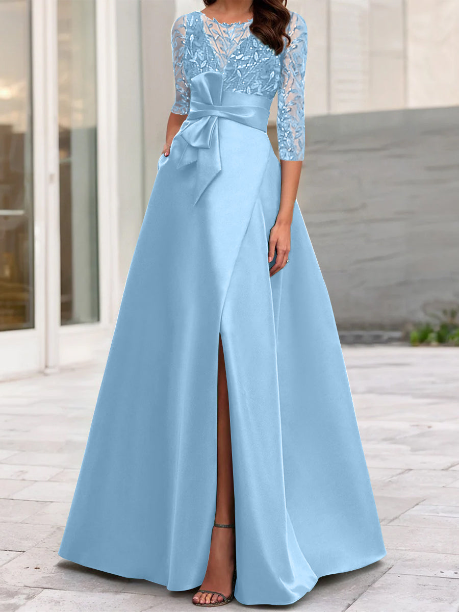 Robe de Mère de la Mariée Coupe A-Line/Princess à Encolure Illusion et Manches 3/4 avec Fente Sur le Côté