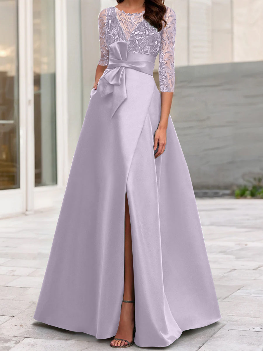 Robe de Mère de la Mariée Coupe A-Line/Princess à Encolure Illusion et Manches 3/4 avec Fente Sur le Côté