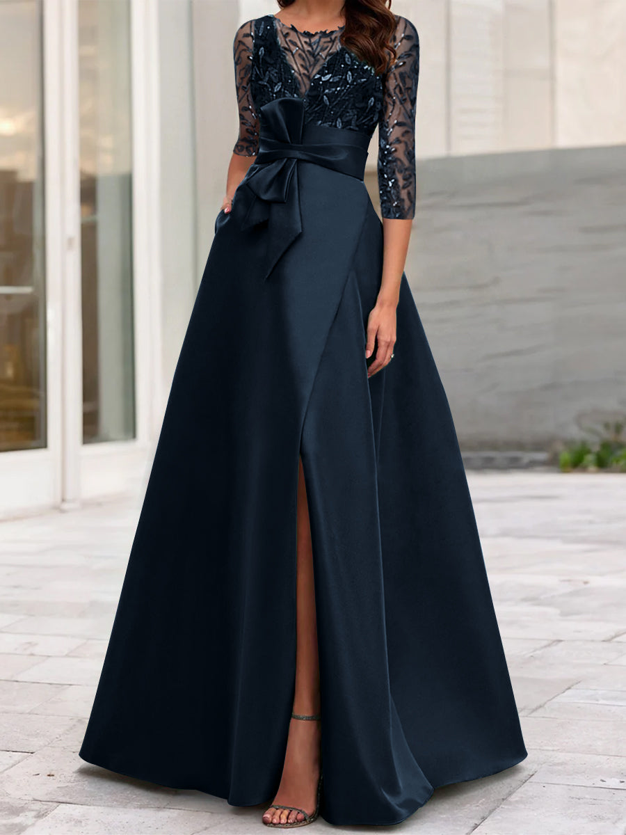 Robe de Mère de la Mariée Coupe A-Line/Princess à Encolure Illusion et Manches 3/4 avec Fente Sur le Côté