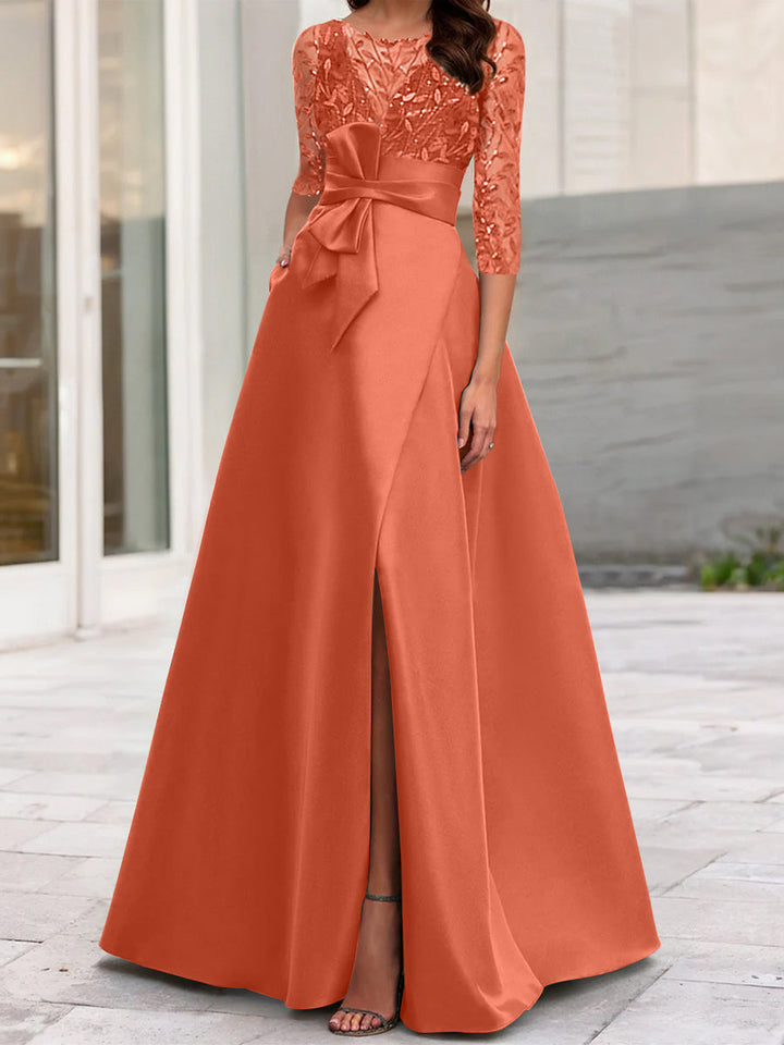 Robe de Mère de la Mariée Coupe A-Line/Princess à Encolure Illusion et Manches 3/4 avec Fente Sur le Côté