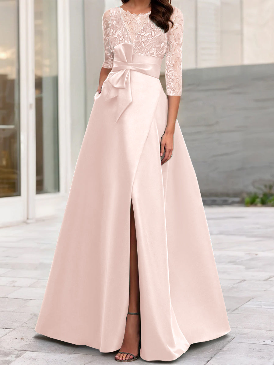Robe de Mère de la Mariée Coupe A-Line/Princess à Encolure Illusion et Manches 3/4 avec Fente Sur le Côté