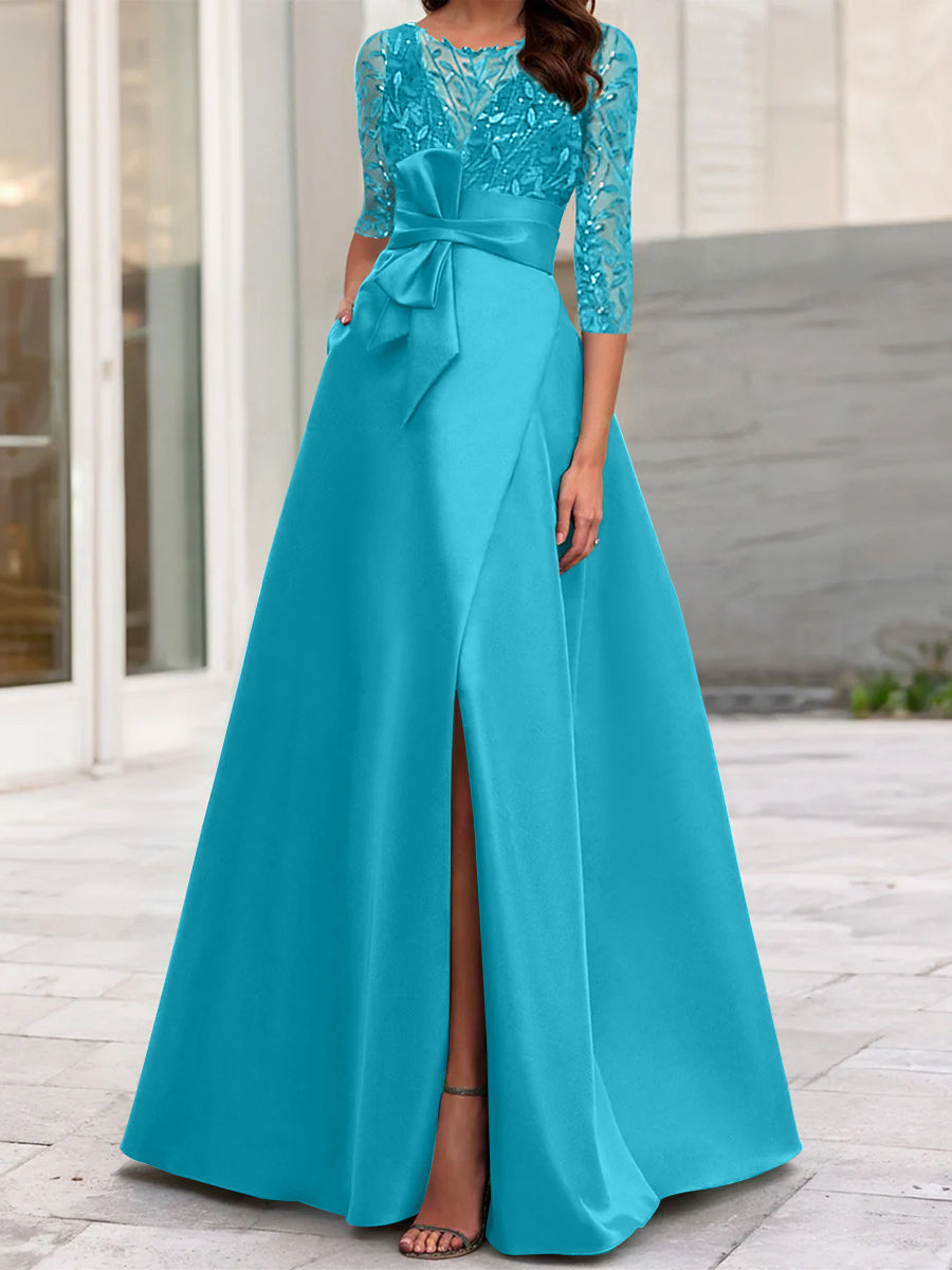 Robe de Mère de la Mariée Coupe A-Line/Princess à Encolure Illusion et Manches 3/4 avec Fente Sur le Côté