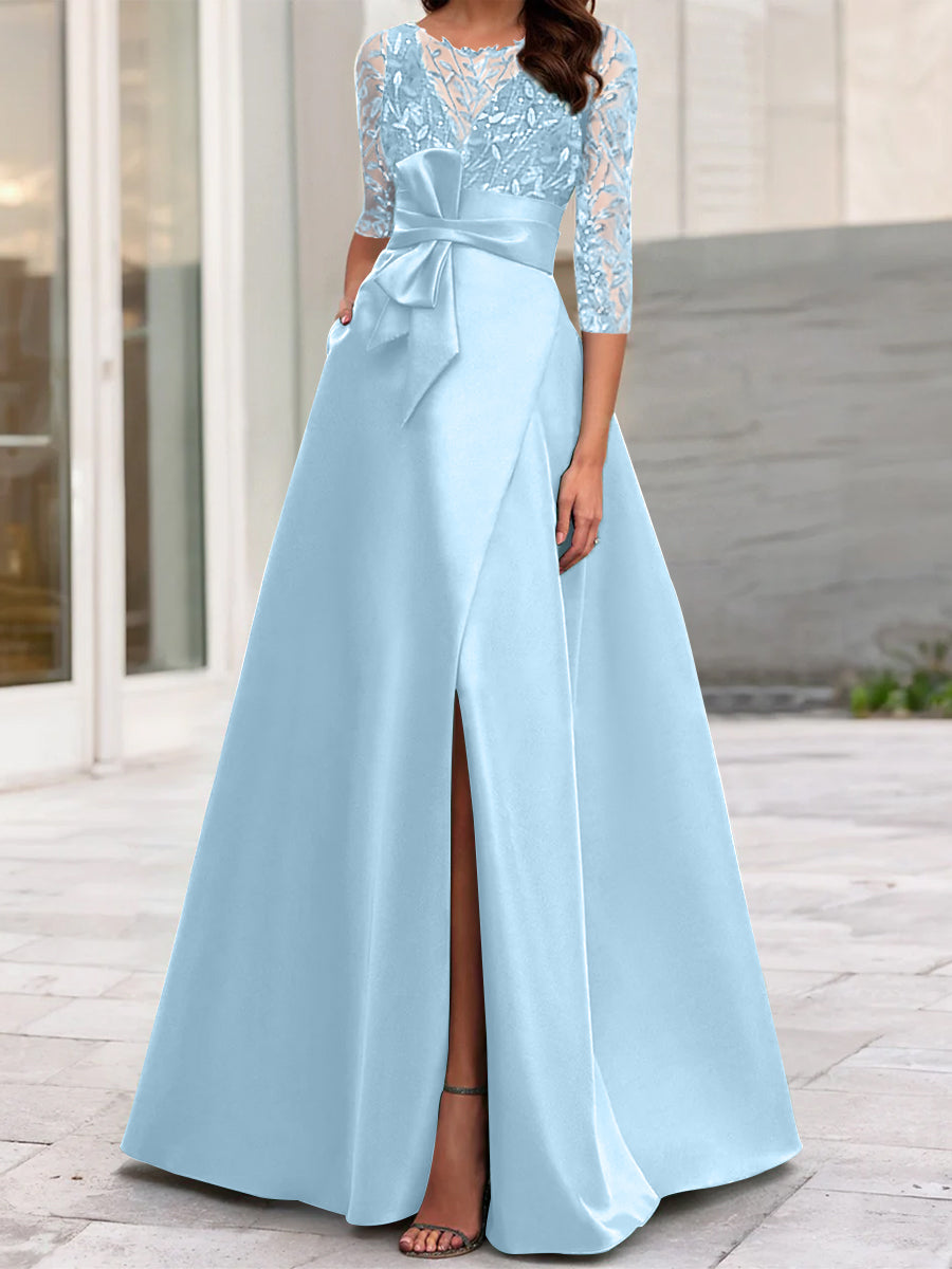 Robe de Mère de la Mariée Coupe A-Line/Princess à Encolure Illusion et Manches 3/4 avec Fente Sur le Côté