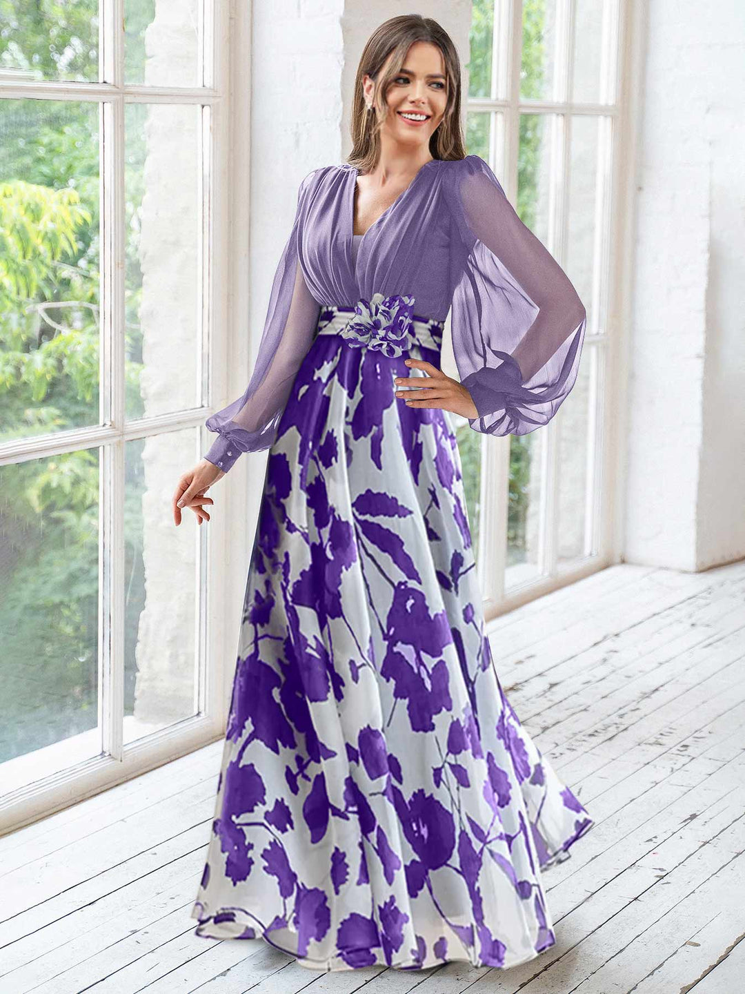 Robe de Mère de la Mariée Grande Taille à Fleurs, Coupe A-Line/Princesse, Col en V, Manches Longues, Longueur Au Sol