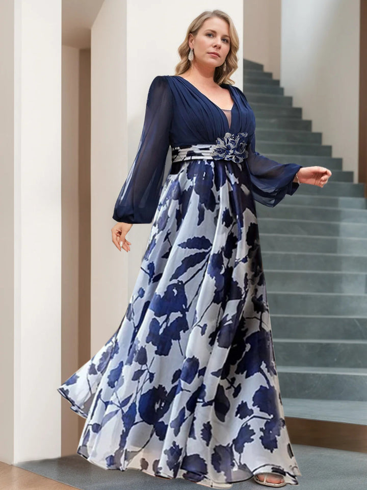 Robe de Mère de la Mariée Grande Taille à Fleurs, Coupe A-Line/Princesse, Col en V, Manches Longues, Longueur Au Sol