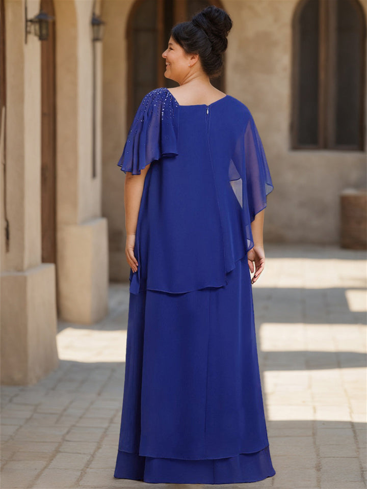 Robe de Mère de la Mariée Asymétrique à Manches Courtes en Mousseline de Soie, Longueur Au Sol, Gaine/Colonne