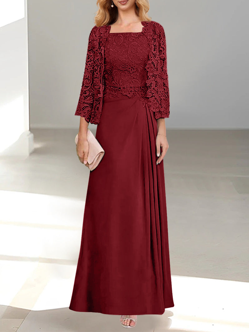 Robe De Mère De La Mariée 2 Pièces Coupe A-line/princesse Avec Décolleté Plongeant Et Longueur Au Sol Et Appliques Plissées Et En Dentelle