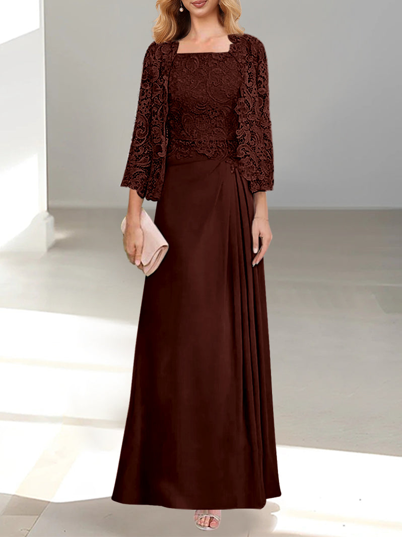 Robe De Mère De La Mariée 2 Pièces Coupe A-line/princesse Avec Décolleté Plongeant Et Longueur Au Sol Et Appliques Plissées Et En Dentelle