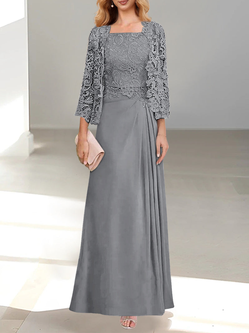 Robe De Mère De La Mariée 2 Pièces Coupe A-line/princesse Avec Décolleté Plongeant Et Longueur Au Sol Et Appliques Plissées Et En Dentelle