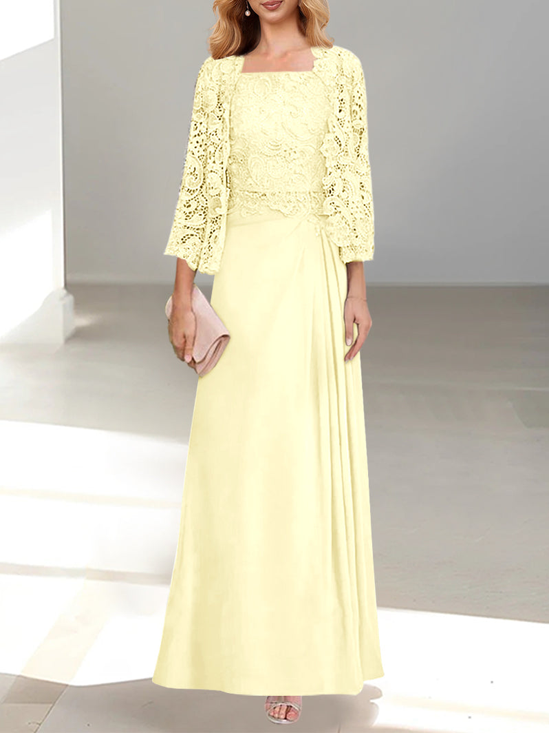 Robe De Mère De La Mariée 2 Pièces Coupe A-line/princesse Avec Décolleté Plongeant Et Longueur Au Sol Et Appliques Plissées Et En Dentelle