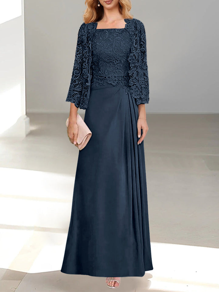 Robe De Mère De La Mariée 2 Pièces Coupe A-line/princesse Avec Décolleté Plongeant Et Longueur Au Sol Et Appliques Plissées Et En Dentelle