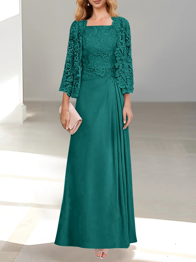 Robe De Mère De La Mariée 2 Pièces Coupe A-line/princesse Avec Décolleté Plongeant Et Longueur Au Sol Et Appliques Plissées Et En Dentelle