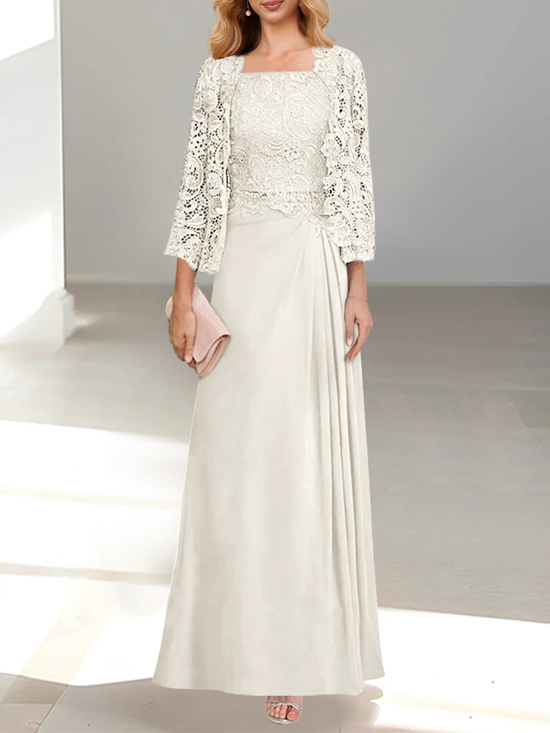 Robe De Mère De La Mariée 2 Pièces Coupe A-line/princesse Avec Décolleté Plongeant Et Longueur Au Sol Et Appliques Plissées Et En Dentelle