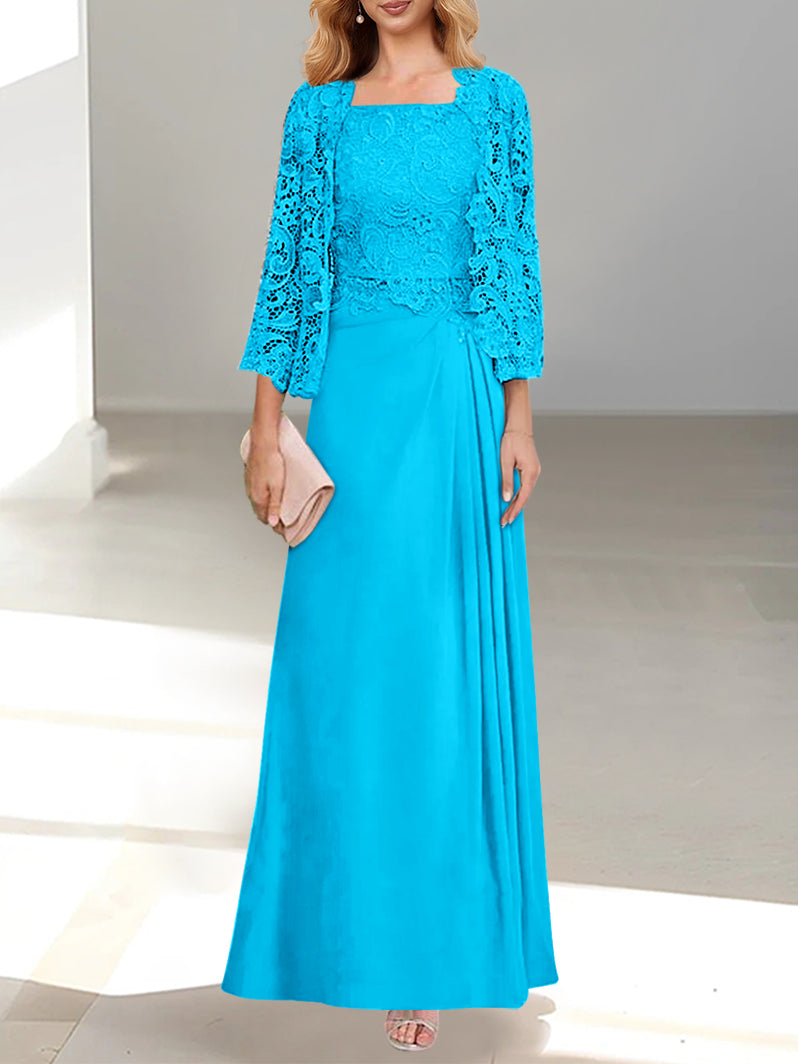 Robe De Mère De La Mariée 2 Pièces Coupe A-line/princesse Avec Décolleté Plongeant Et Longueur Au Sol Et Appliques Plissées Et En Dentelle