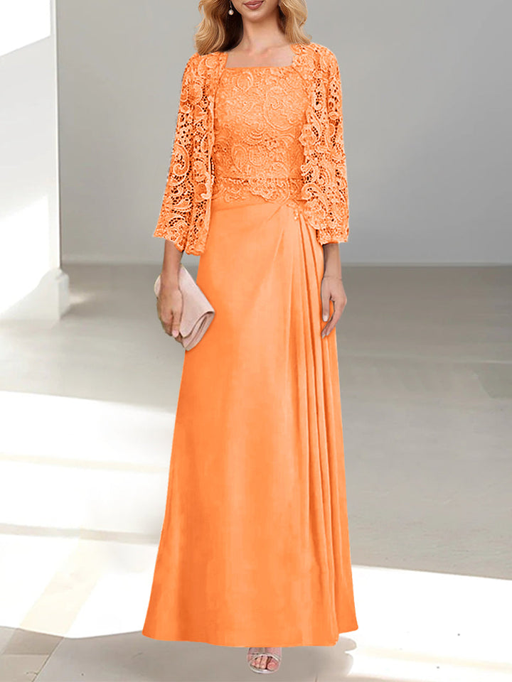 Robe De Mère De La Mariée 2 Pièces Coupe A-line/princesse Avec Décolleté Plongeant Et Longueur Au Sol Et Appliques Plissées Et En Dentelle