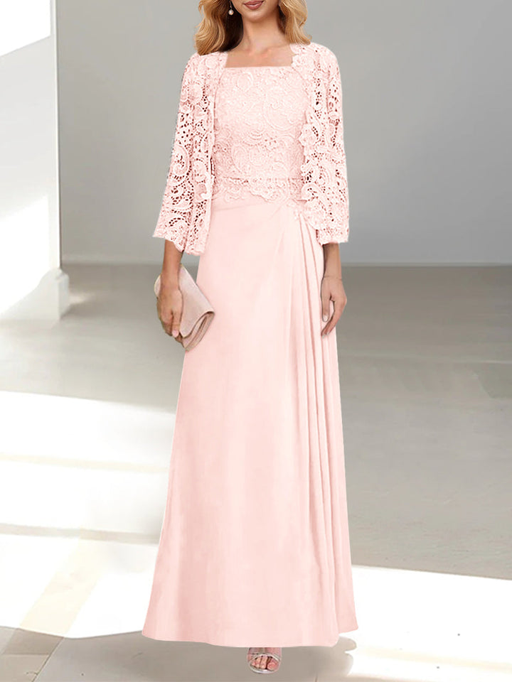 Robe De Mère De La Mariée 2 Pièces Coupe A-line/princesse Avec Décolleté Plongeant Et Longueur Au Sol Et Appliques Plissées Et En Dentelle