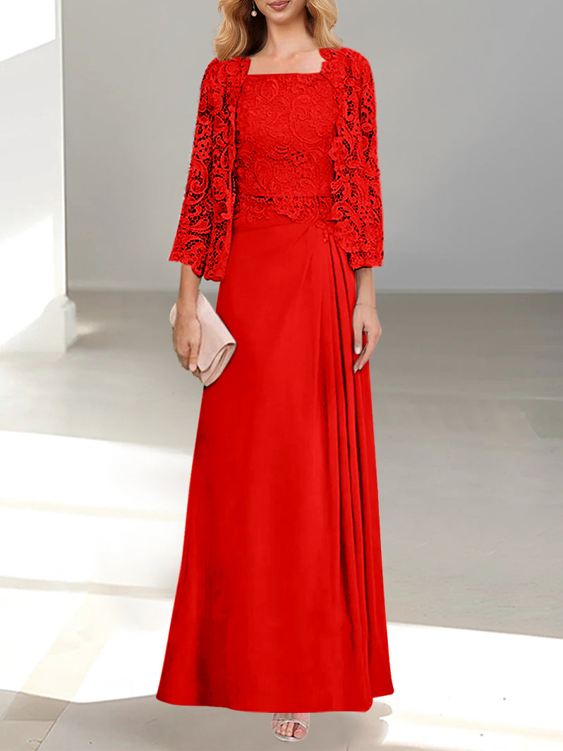 Robe De Mère De La Mariée 2 Pièces Coupe A-line/princesse Avec Décolleté Plongeant Et Longueur Au Sol Et Appliques Plissées Et En Dentelle