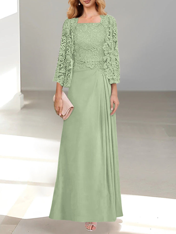 Robe De Mère De La Mariée 2 Pièces Coupe A-line/princesse Avec Décolleté Plongeant Et Longueur Au Sol Et Appliques Plissées Et En Dentelle