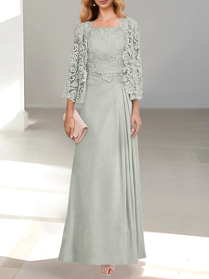 Robe De Mère De La Mariée 2 Pièces Coupe A-line/princesse Avec Décolleté Plongeant Et Longueur Au Sol Et Appliques Plissées Et En Dentelle