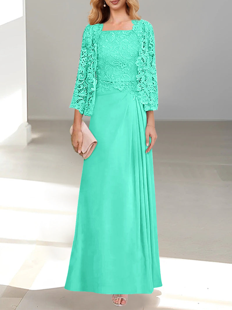 Robe De Mère De La Mariée 2 Pièces Coupe A-line/princesse Avec Décolleté Plongeant Et Longueur Au Sol Et Appliques Plissées Et En Dentelle