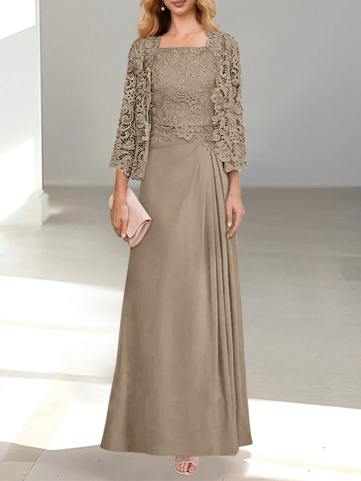 Robe De Mère De La Mariée 2 Pièces Coupe A-line/princesse Avec Décolleté Plongeant Et Longueur Au Sol Et Appliques Plissées Et En Dentelle