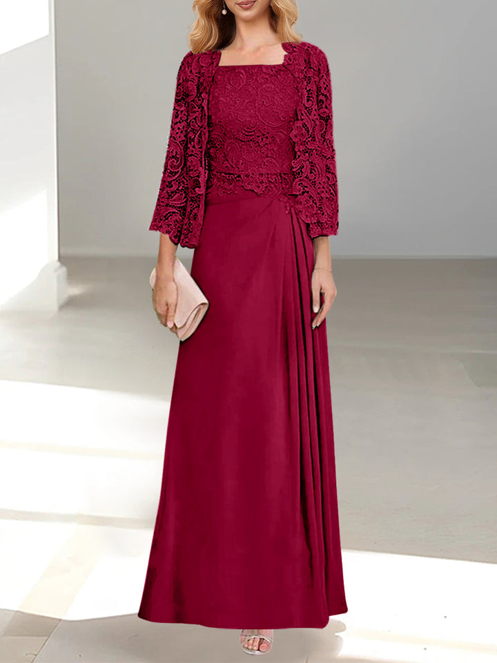 Robe De Mère De La Mariée 2 Pièces Coupe A-line/princesse Avec Décolleté Plongeant Et Longueur Au Sol Et Appliques Plissées Et En Dentelle