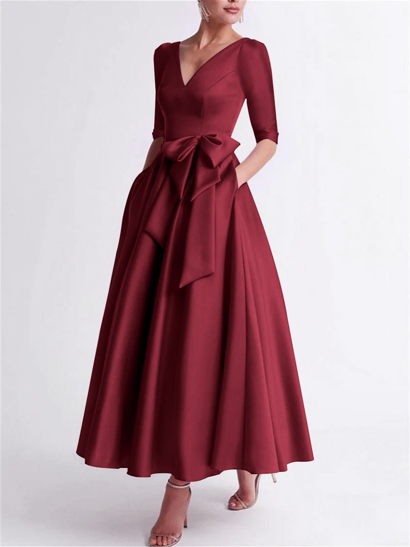 Robe de Mère de la Mariée en Satin à Manches 3/4 et Col en V, Ligne A/Princesse, Longueur Thé, avec Nœud(S)