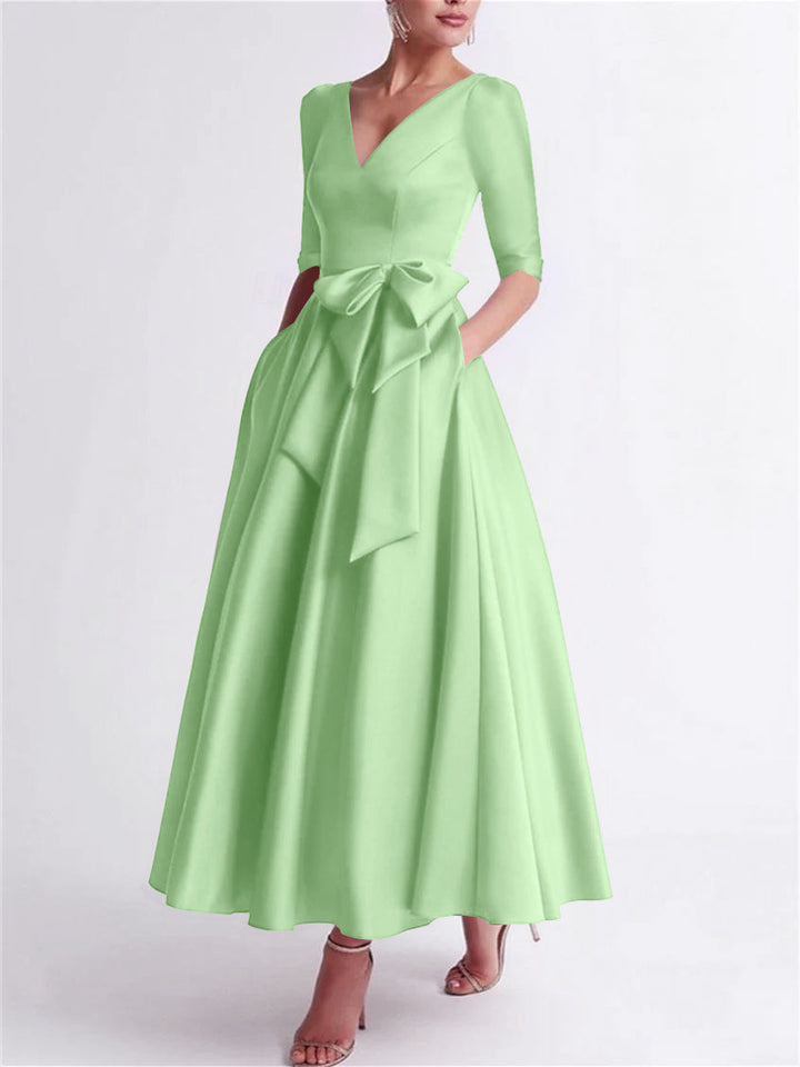 Robe de Mère de la Mariée en Satin à Manches 3/4 et Col en V, Ligne A/Princesse, Longueur Thé, avec Nœud(S)