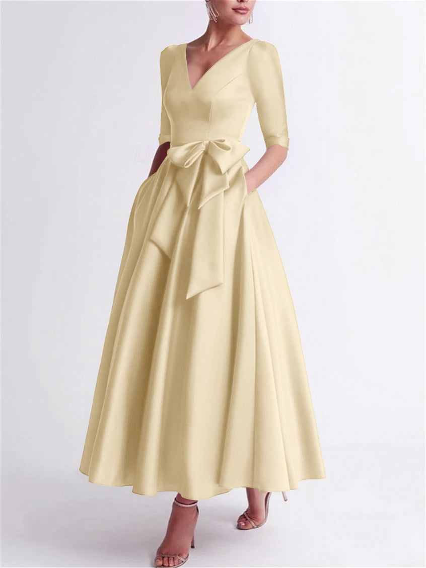 Robe de Mère de la Mariée en Satin à Manches 3/4 et Col en V, Ligne A/Princesse, Longueur Thé, avec Nœud(S)