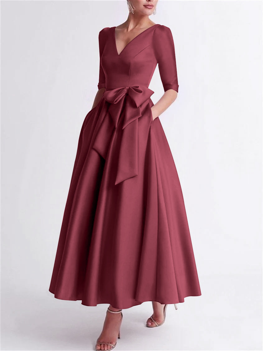 Robe de Mère de la Mariée en Satin à Manches 3/4 et Col en V, Ligne A/Princesse, Longueur Thé, avec Nœud(S)