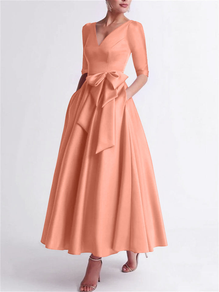 Robe de Mère de la Mariée en Satin à Manches 3/4 et Col en V, Ligne A/Princesse, Longueur Thé, avec Nœud(S)
