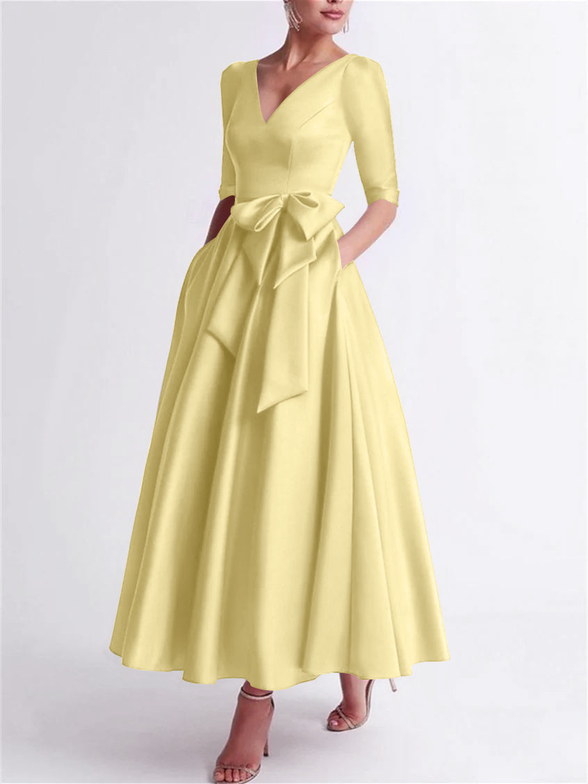 Robe de Mère de la Mariée en Satin à Manches 3/4 et Col en V, Ligne A/Princesse, Longueur Thé, avec Nœud(S)