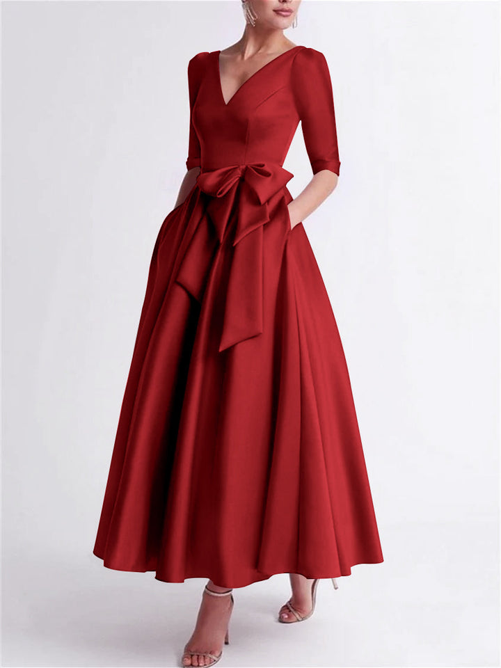 Robe de Mère de la Mariée en Satin à Manches 3/4 et Col en V, Ligne A/Princesse, Longueur Thé, avec Nœud(S)