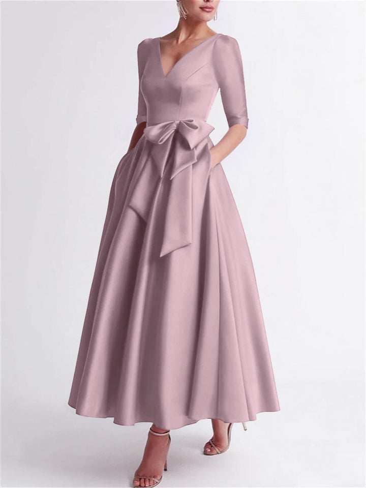 Robe de Mère de la Mariée en Satin à Manches 3/4 et Col en V, Ligne A/Princesse, Longueur Thé, avec Nœud(S)
